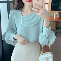 Diagonal Collar Button Blue Chiffon Shirt Spring Summer Fashion Blouse 2023 Korean Style Elegant Long Sleeve Shirt for Female