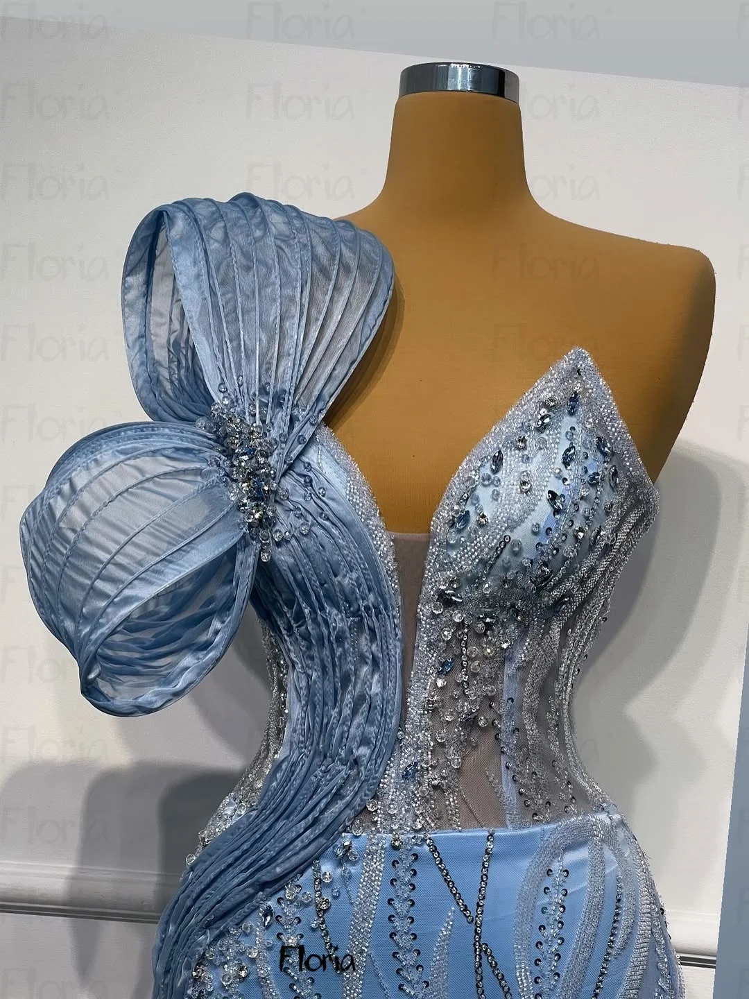 

Luxurious Blue Pleated Prom Dresses Long Beaded Mermaid Wedding Guest Gown Dustomized 3D Design Bridal Gowns Engagement Dresses