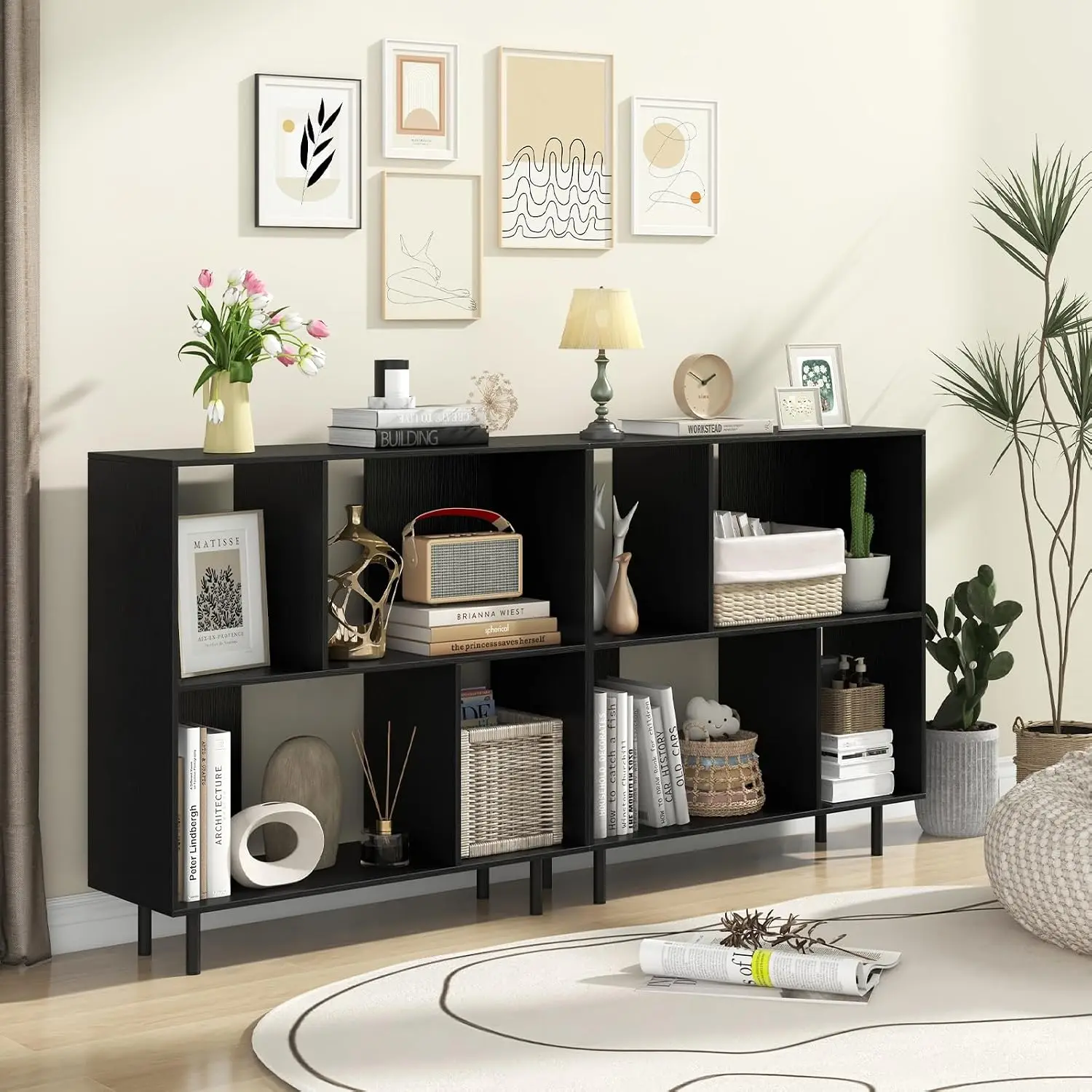 4-Cube Storage Organizer 2-Tier Wooden Bookshelf Metal Legs Open Compartments Modern Cubby Shelf Living Room, Customized