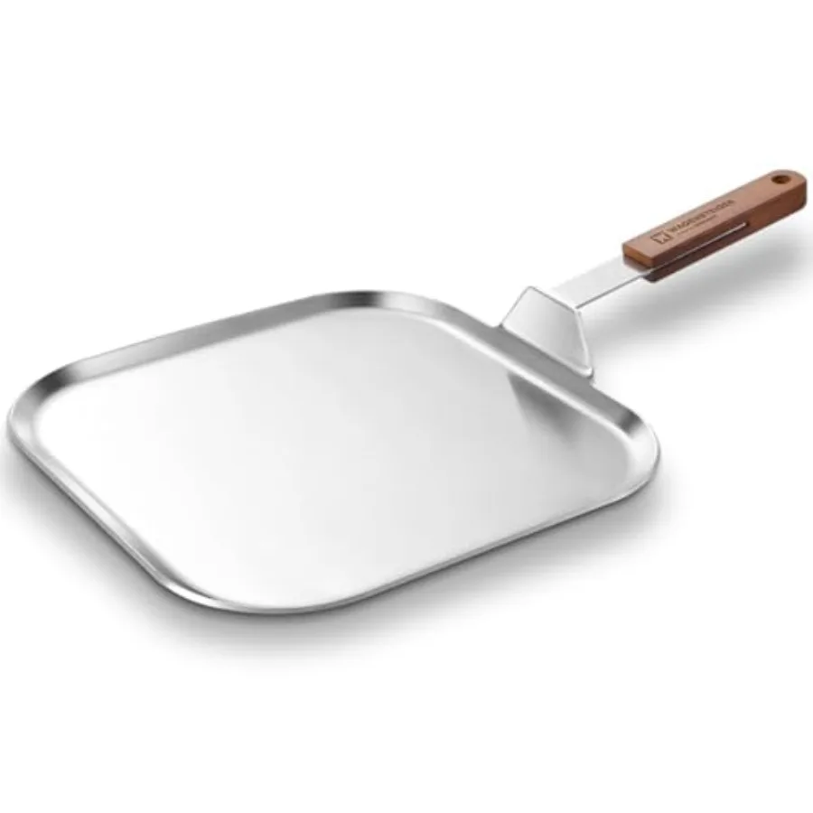 

Stainless Steel Square Griddle Pan/Plate with Wooden Handle, 3-Ply Construction with Aluminum Core for Home and Outdoor Extra L