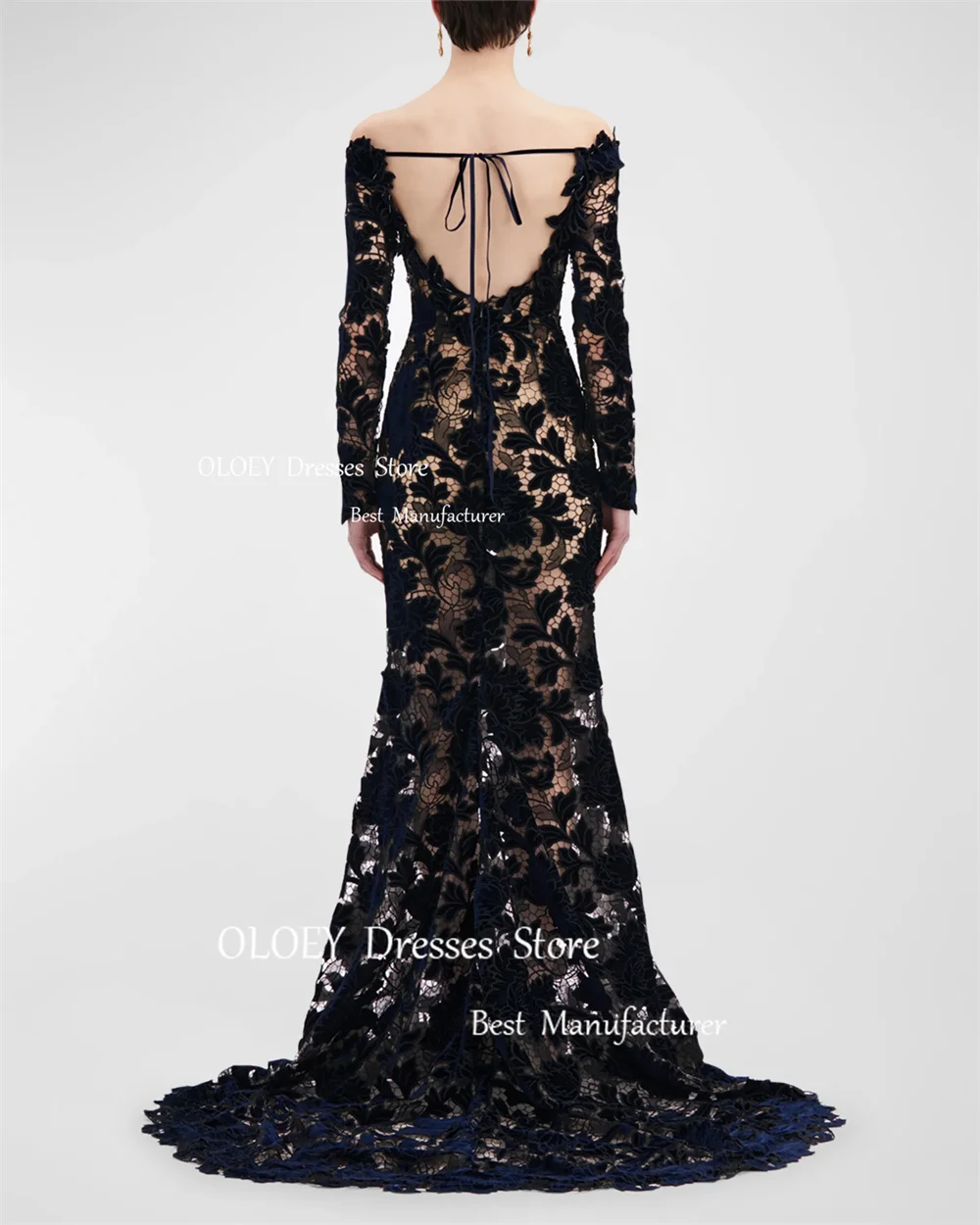 OLOEY Sexy Black Lace Mermaid Evening Dresses Wedding Photoshoot Sweep Train Bridal Gowns Off The Shoulder Party Gown Customized