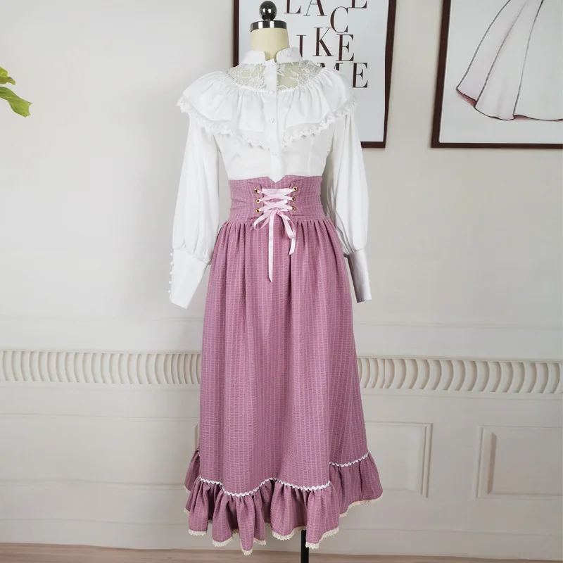 Gothic Girl Pink Skirt with Lotus Leaf Shoulder Shirt Two-Piece Set Lace-up Waist-Controlled European Classical Suit Skirt
