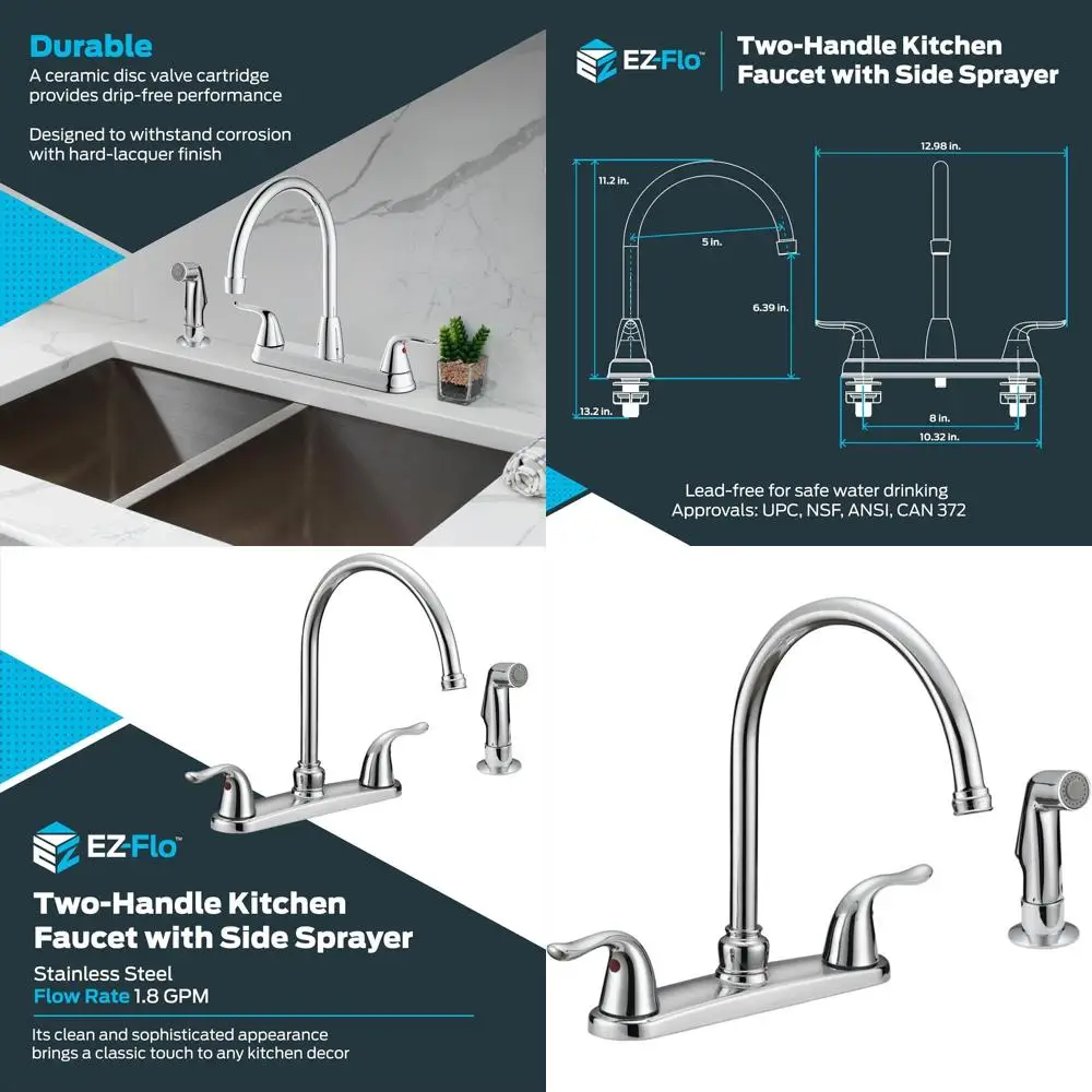 

Two-Handle High-Rise Kitchen Faucet with Side Spray, Stainless Steel, EZ-10201