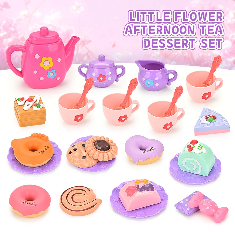 Juego de fiesta de té para niñas pequeñas, 27 Uds., juguetes de princesa para el tiempo del té, incluye juego de té, estuche de postre, juego de cocina para niños