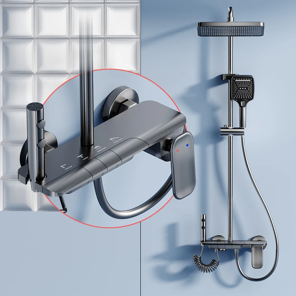 Space Aluminium-Duschset, digitales Display, Duschsystem, Klavierknopf, Umgebungslicht, Badezimmer-Wasserhahn und Duschkopf