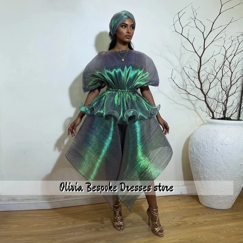 Chic Iridescent Green Abaya Dress Pleated Asymmetrical African Kaftan Dress Unique Black Women Formal Party Dresses Customized