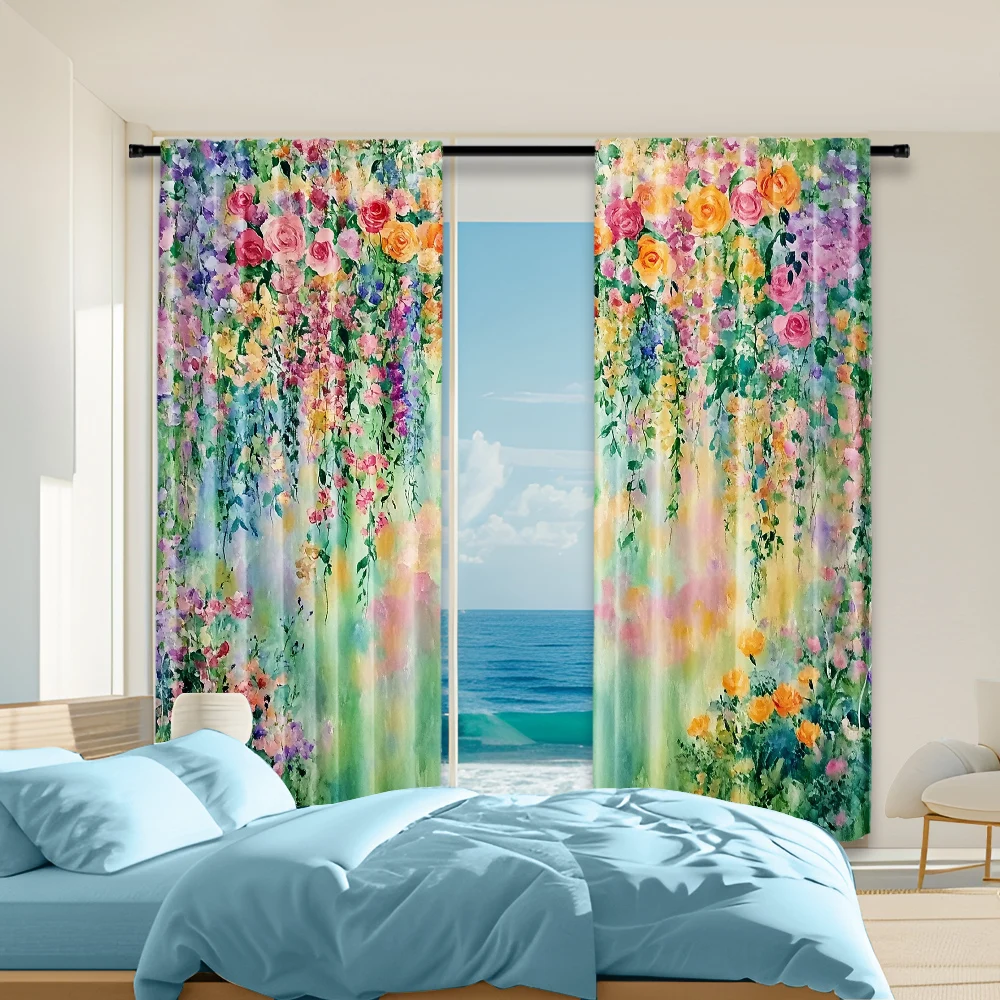 2Pcs Colorful Floral Plant Printed Window Curtain For Living Room Bedroom Home Decor Design For Privacy Protection_ai9