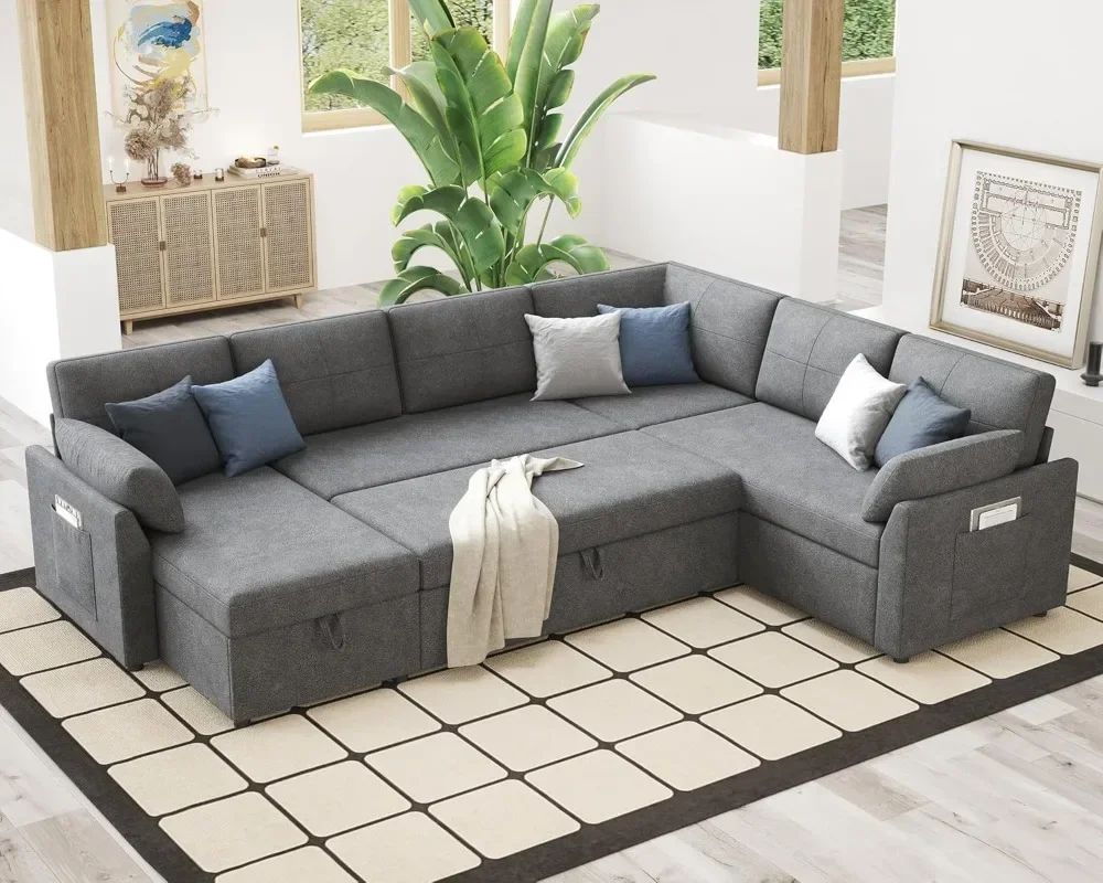 Pull Out Sofa 112 Inch Oversized U Shape Sleeper Sofa Couch with Storage Chaise & 3 Seater Comfy Couch with Pull Out Bed