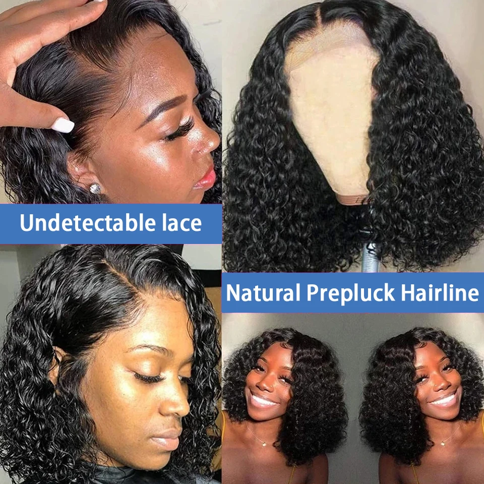 13X4 Short Bob Wig Deep Wave Curly Lace Frontal Human Hair Wigs 13X4 Transparent Lace Front Wig 4x4 Closure Wig for Women 180%