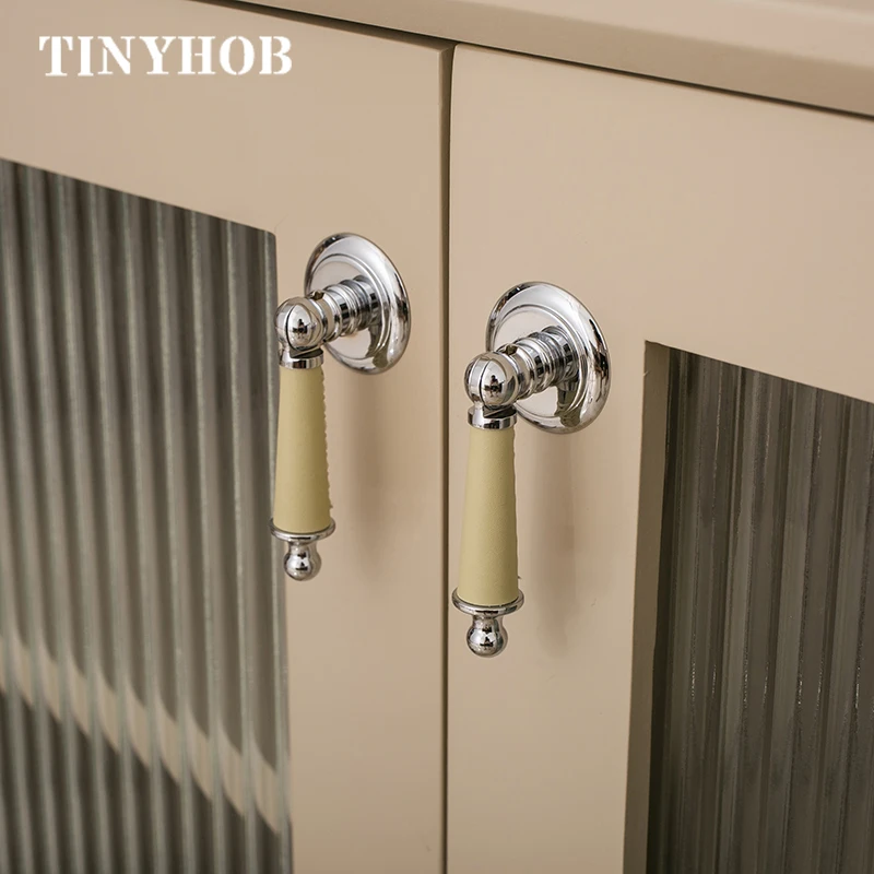 Leather + Brass Dresser Knobs And Handles Drawer Kitchen Knobs / Wine Cabinet Handles Grey Furniture Handles With Screws