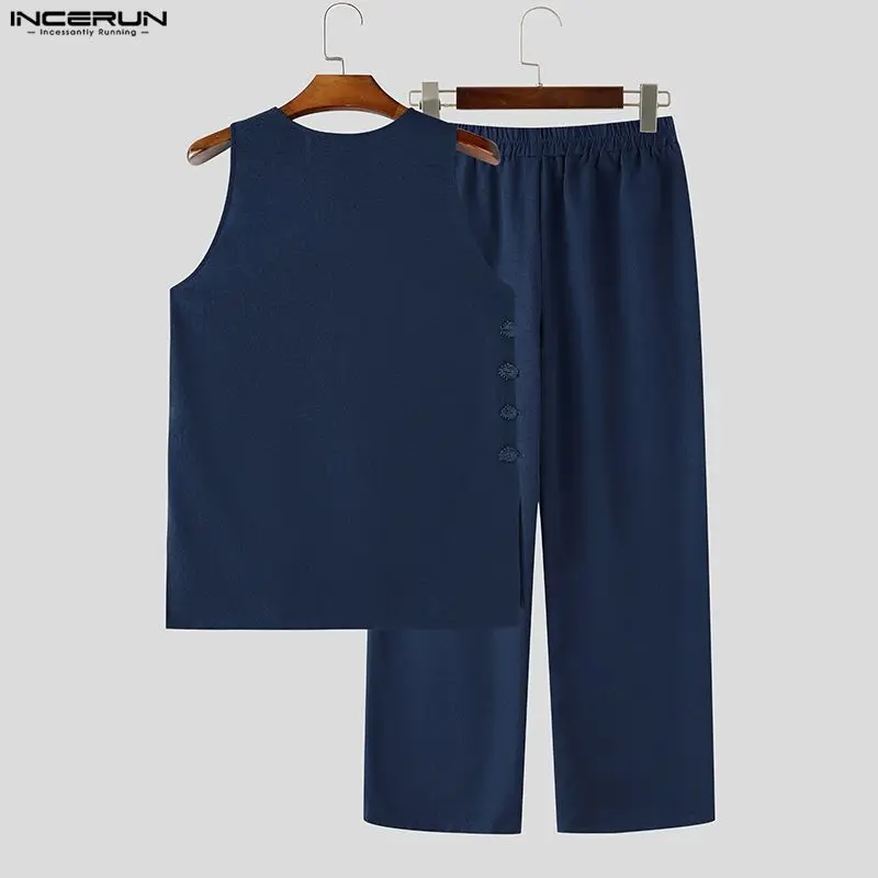 INCERUN Men's Sets Solid Vintage Streetwear Loose Sleeveless Tank Tops Pants Two Piece Sets 2026 Summer Casual Men Matching Sets view 5