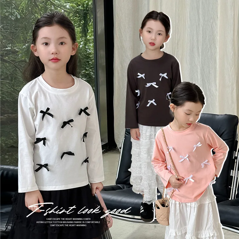 Baby Girls Long Sleeved T-shirt Kids Bow-knot Pullover Teens Top Tees 2024 Spring Autumn 3 To 12Yrs Children's Clothing Fashion