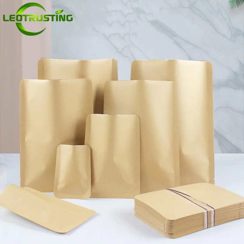 100PCS Flat Bottom Kraft Paper Open Top Packaging Bag DIY Tea Powder Coffee Soap Spice Cereals Heat Sealing Storage Pouches