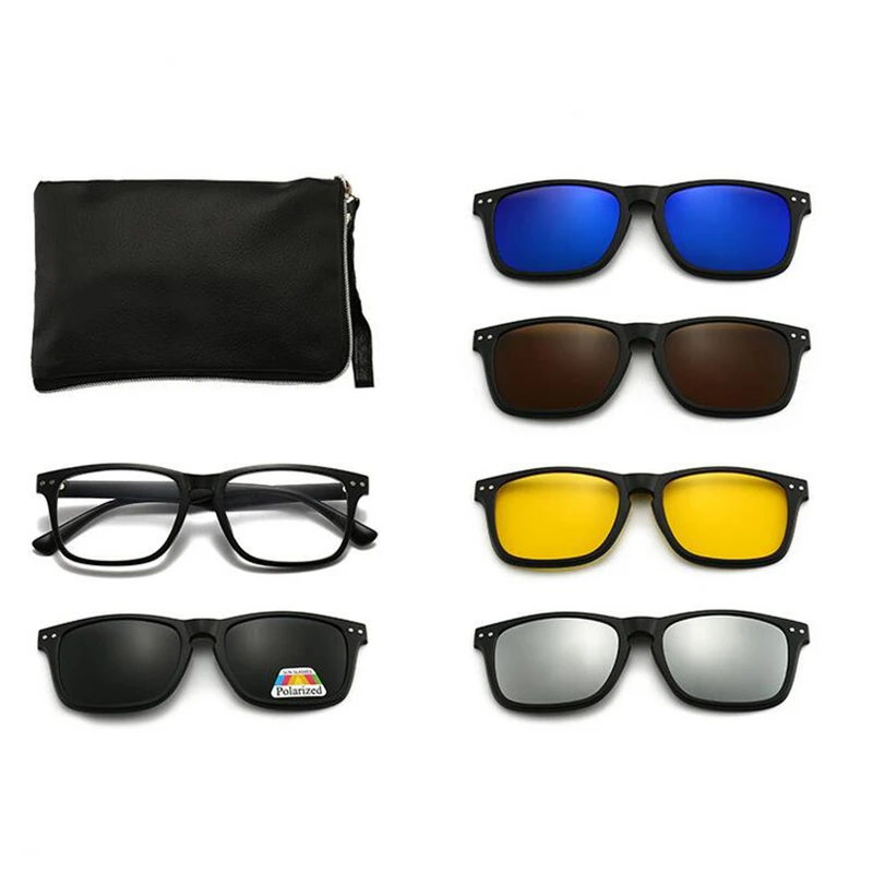 GSBJXZ Magnet-Clip, quadratische Myopie-Sonnenbrille für Herren und Damen, mit 5 Clip-on-Sonnenbrillen, polarisierte verschreibungspflichtige Brillen, 0–0,5–0,75 bis–6,0 6