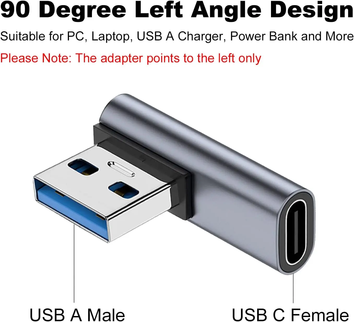 90 Degree USB C Female to USB Male Adapter 2 Pack, Left Angle Type C to USB A Charger Converter for iPhone,  iPad  and More