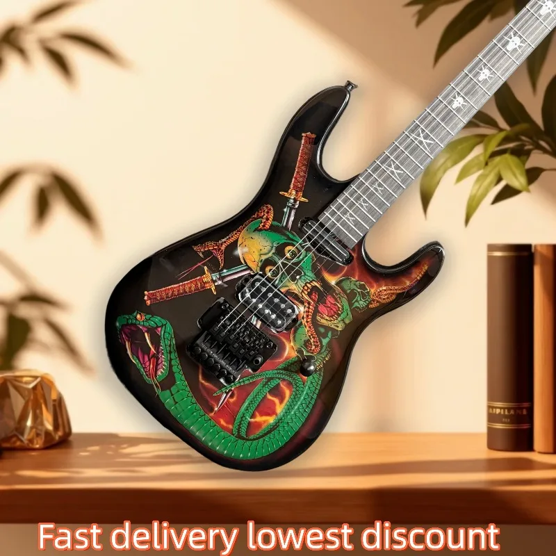 6 String ST Electric Guitar Snake Skull Graphic HH Pickups Double Tremolo Bridge Metal Hard Rock Stage Performance Guitar