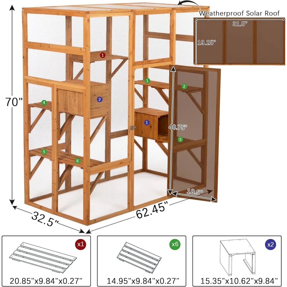 Grande Wooden Pet Playhouse, Run House com Hammock e Solar Top, Outdoor e Indoor Kennel, 63 em x 33 em x 70 em