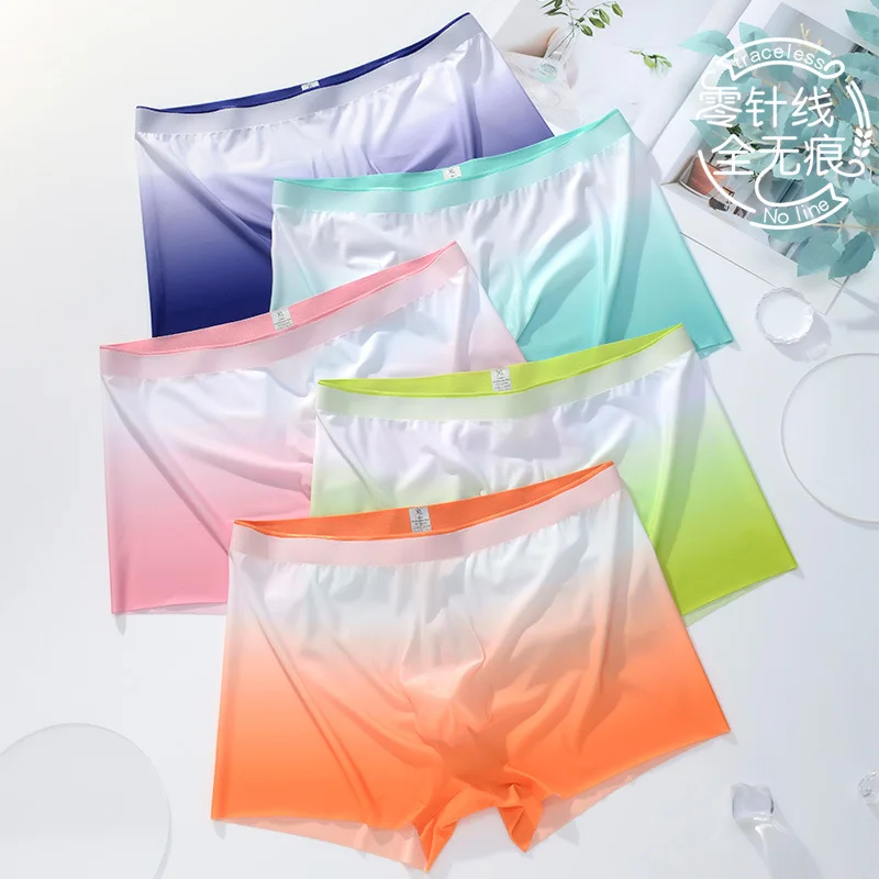 

New Fashion Men Underwear Panties Ice Silk Seamless Sexy U Pouch Gradient Color Boxer Shorts Thin Breathable Male Underpants