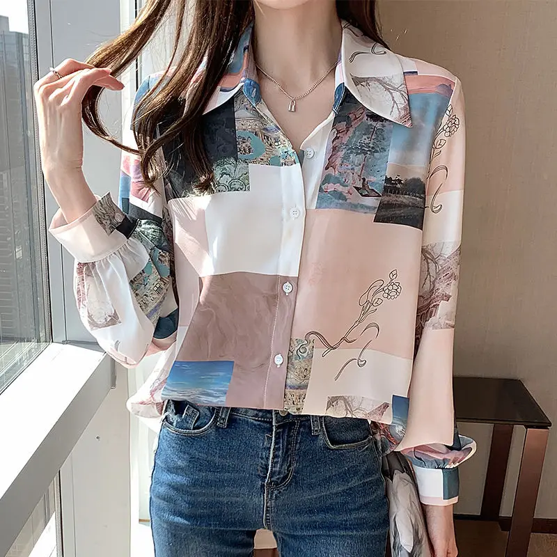 Vintage Fashion Printing Long Sleeve Shirt Women\'s Clothing 2022 Spring Korean Turn-down Collar Single-breasted Casual Blouses