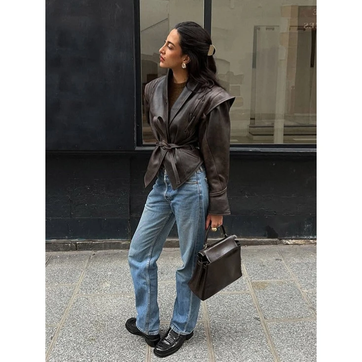 Street Sle Pure Color Stehkragen Gürtel Jaet Damen Ledermantel Personali Faion Herbst Neuankömmling