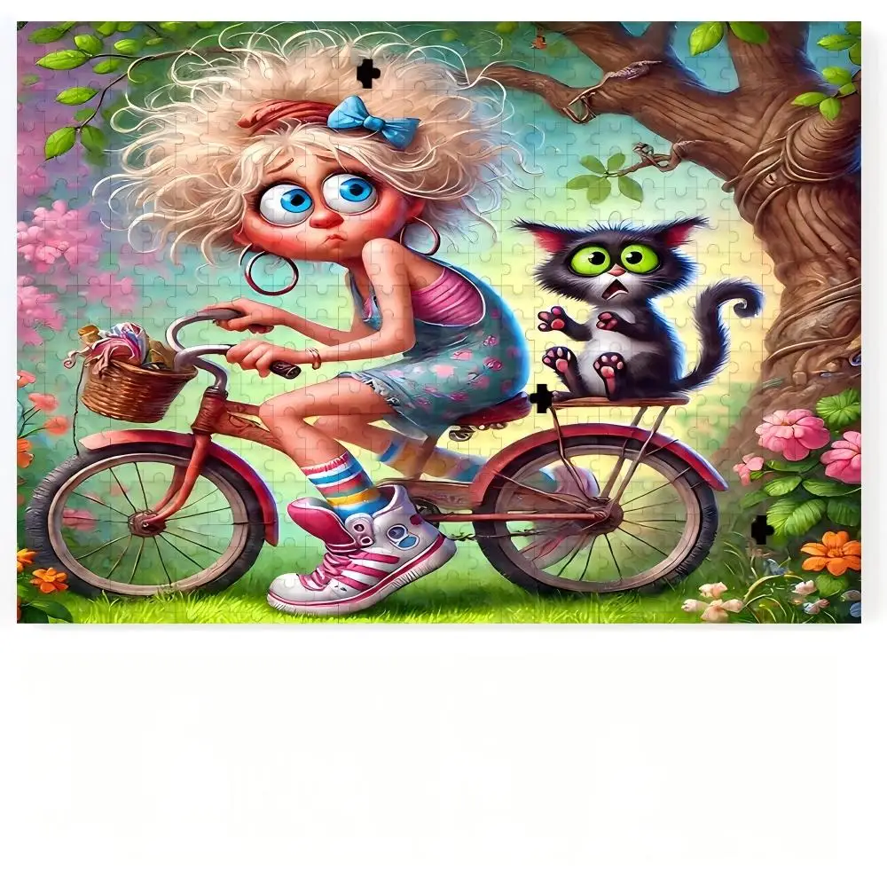 Vintage Oil Painting &Funny Cartoon Jigsaw Puzzle,Girl With Umbrella,Girl & Cat Bike,Bear & Boy,Housewife,Adult Family Game Gift