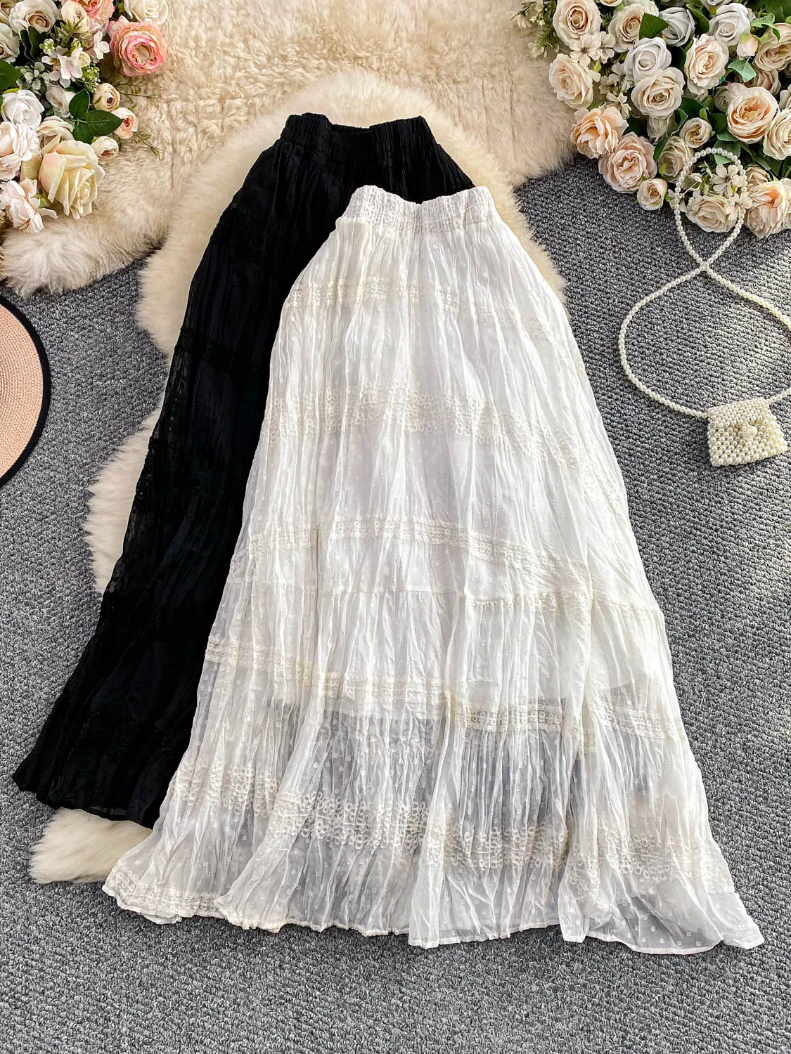 

Summer 2025 New Heavy Embroidery Pleated High Waist Slimming Knee-Length Midi Skirt Women's Unique Design Korean Sle Breath...