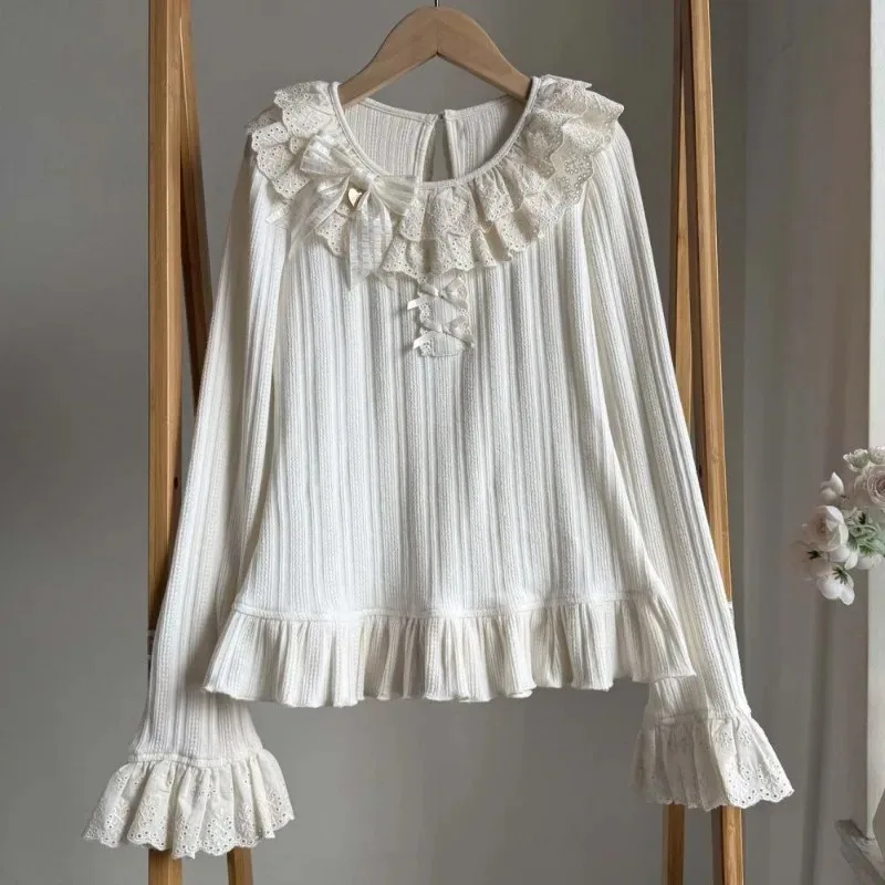 لطيف لوليتا الكشكشة كم طويل محبوك القمم الخريف الشتاء الدانتيل المرقعة س الرقبة قاعدة البلوز الرجعية الحلو Y2k سترة