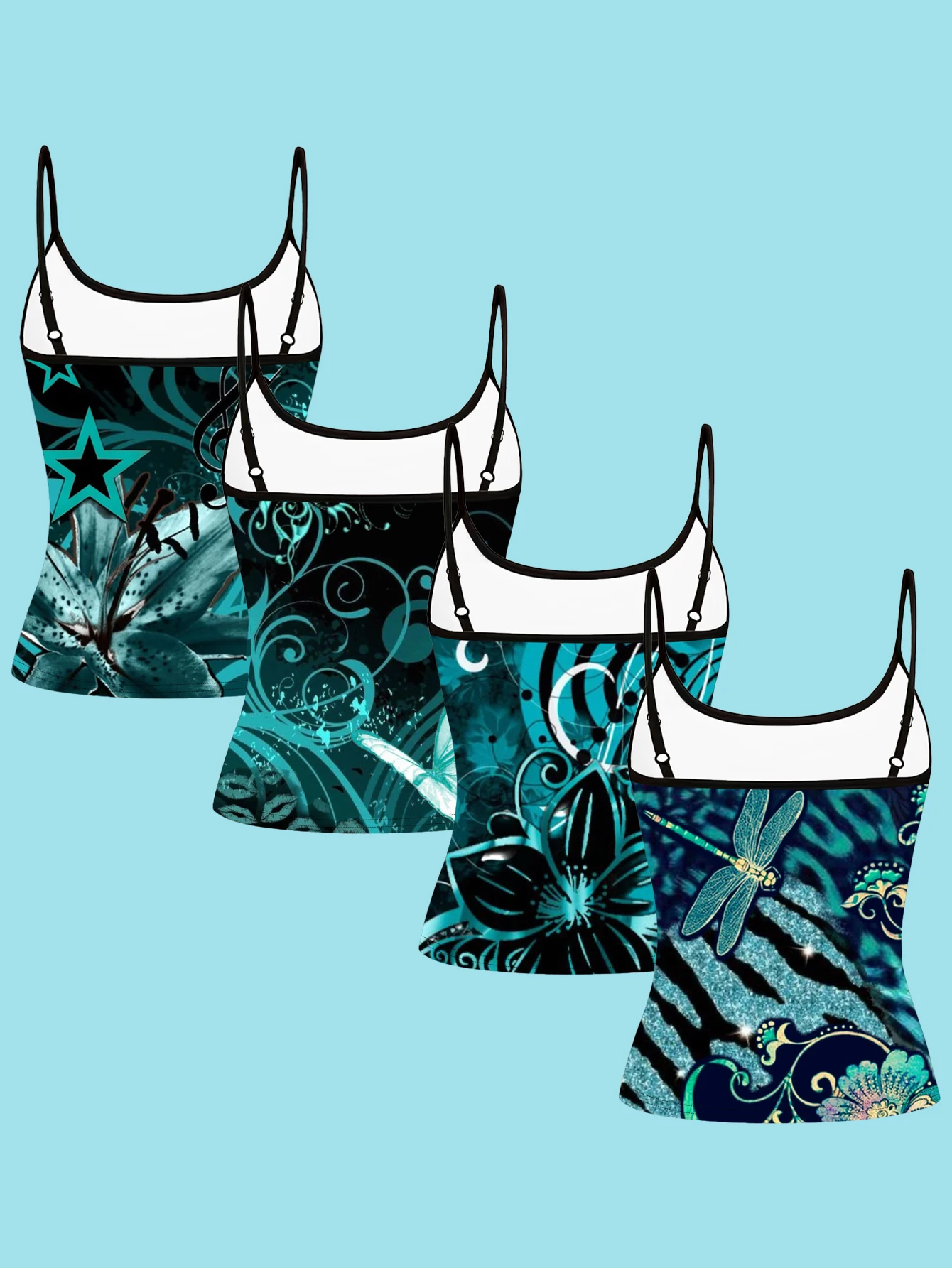 4-Piece Set of Women's Black Base Floral Dragonfly and Musical Note Print Spaghetti Strap Camisole Slim Fit Inner Layering Top