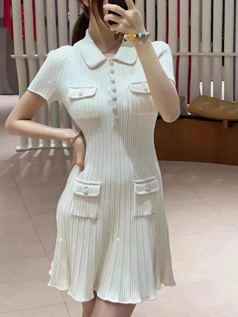 Women White or Blue Knitted Dress Diamond Buttons Turn-down Collar Short Sleeve Elegant Summer 2024 Mini Robe