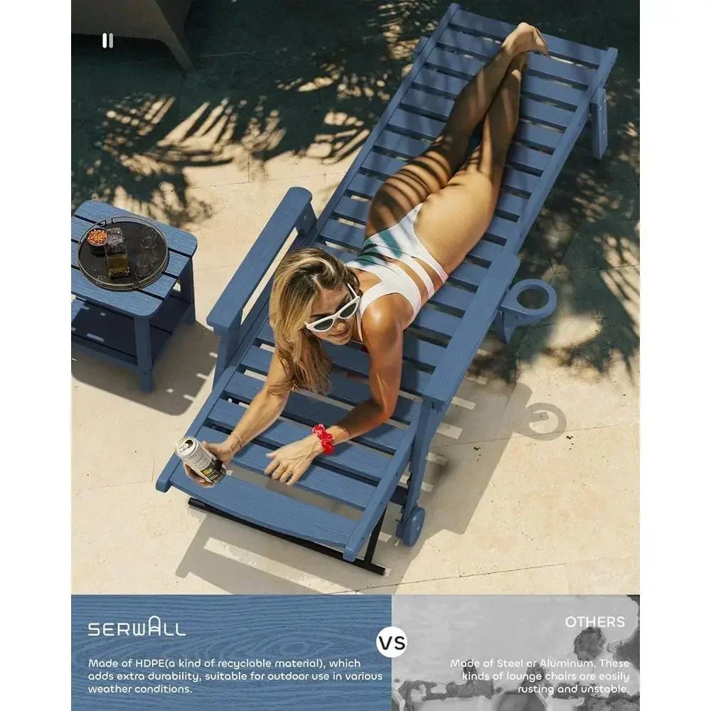 5-Position Adjustable Outdoor Chaise Lounge Chair Set, 78 Long, HDPE, Blue, with Rolling Wheels and Cup Holder