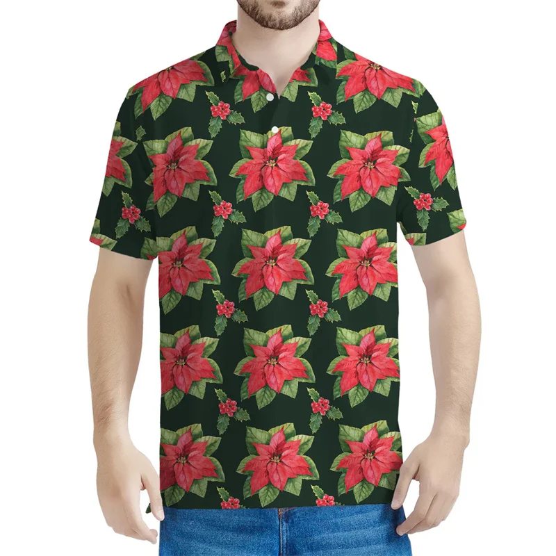 Poinsettia Flower Polo Shirt For Men 3d Printed Floral Short Sleeves Women Button Polo Shirts Tops Summer Casual Lapel Tees