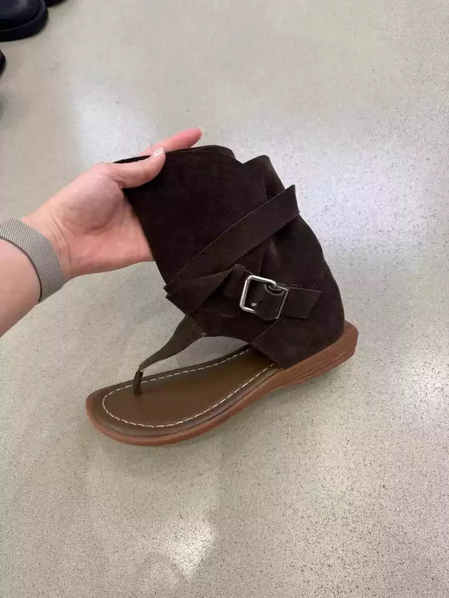 Faux Suede Wide Shaft Thong Flip Flop Sandals Double Metal Buckle Ankle Wrapped Flat Boots Boho Women Breathable Casual Footwear