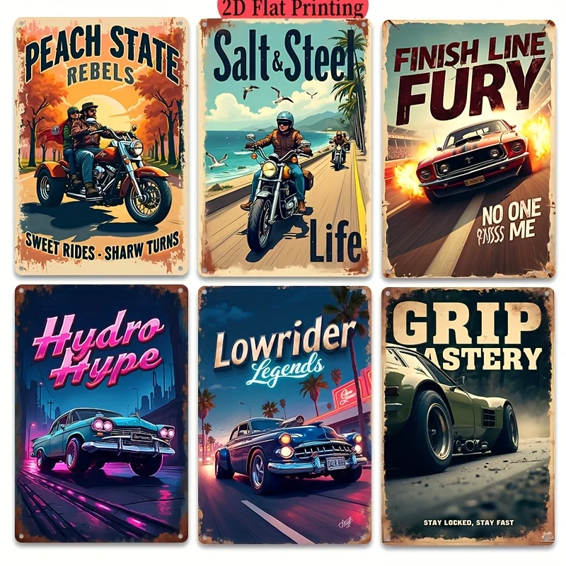 Set of 6 Vintage 'Racing' Metal Wall Art Signs - 20.32X30.48 cm Decor Featuring Classic Cars And Motorcycles, Perfect for Office
