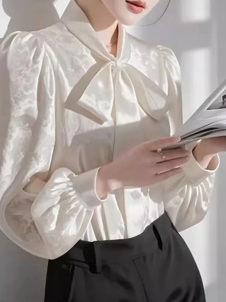 

Faionable Long Sve Knot Tie Design Commute Anti-Aging Ele irt Top Korean Sle Straight Cut Silk Blend