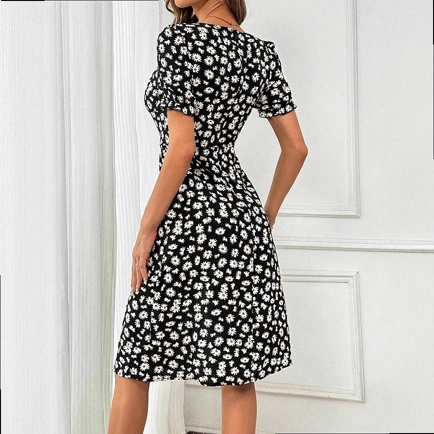 Vintage Floral Square Neck Dress Dresses for Women Summer Spring French Style Elegant Floral Print Midi Dress Jumpsuit Playsuit