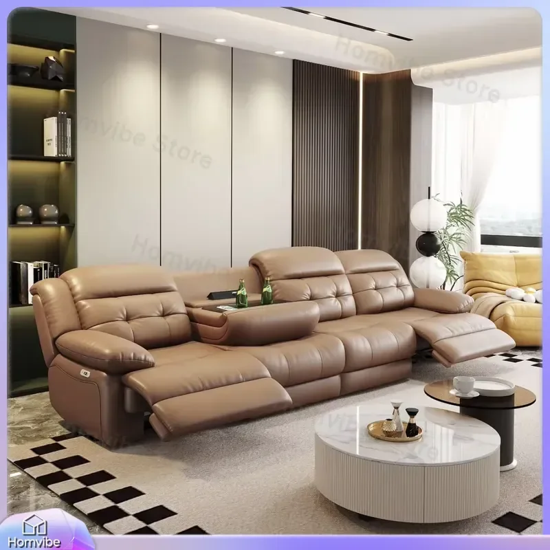 Luxury Solid Oak Frame Capsule Sofa with Genuine First Layer Cowhide Upholstery for Home Theater Living Room Leisure Space