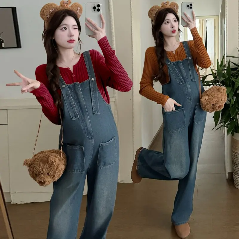 American Vintage Causal Washed Denim Jumpsuits for Pregnant Women Maternity Bib Pants Youth Pregnancy Wide Leg Loose Overalls