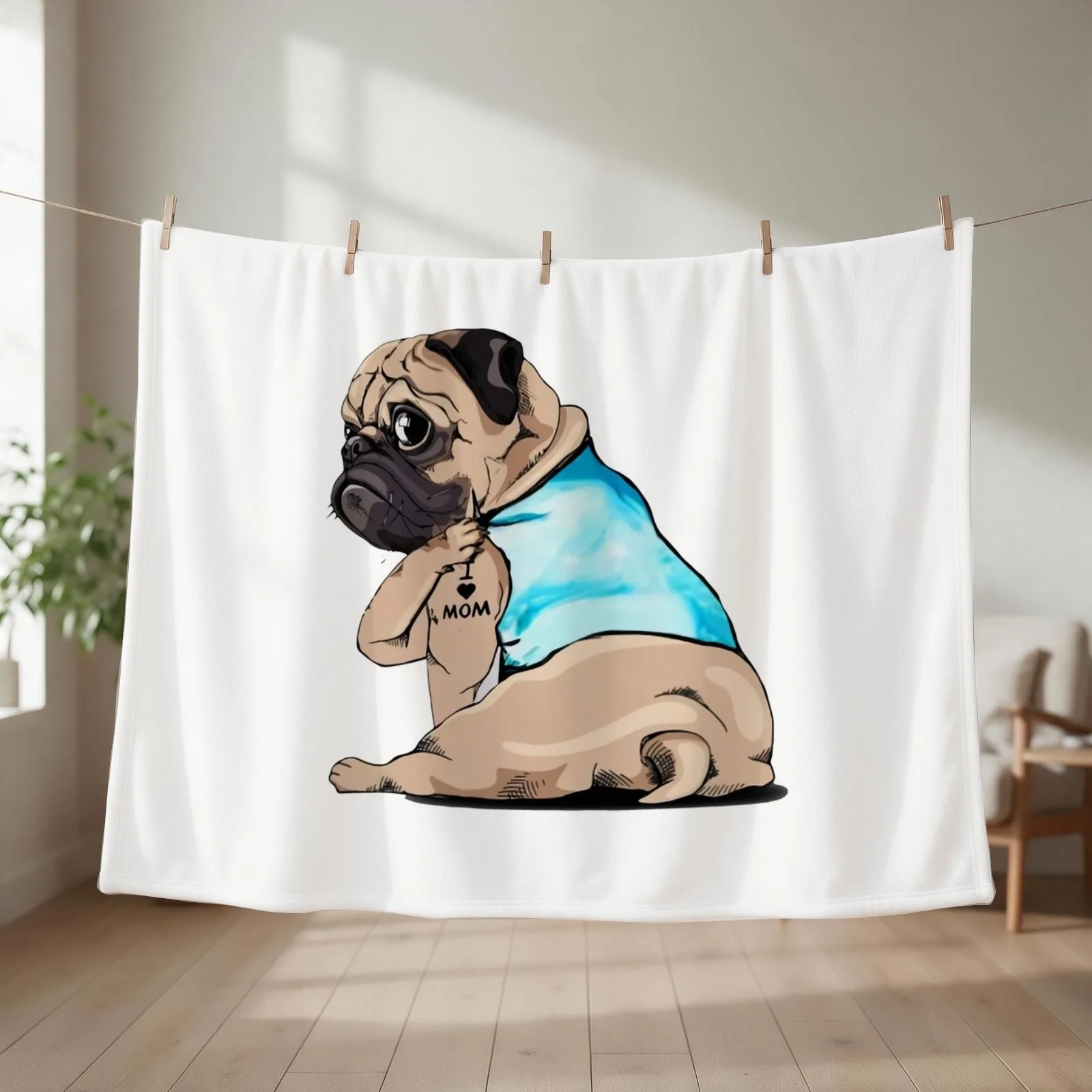 Pug Dog I Love Mom Tattoo Design Throw Blanket Bed Summer Beddings Plaid Hairys Blankets