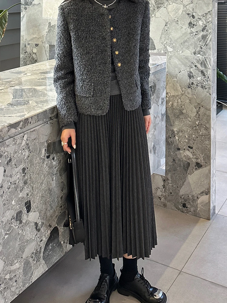 

Весенне-осенняя женская юбка миди А-силуэта с высокой талией, универсальная, из смесового полиэстера и хлопка, с ручной плиссировкой, для повседневной носки