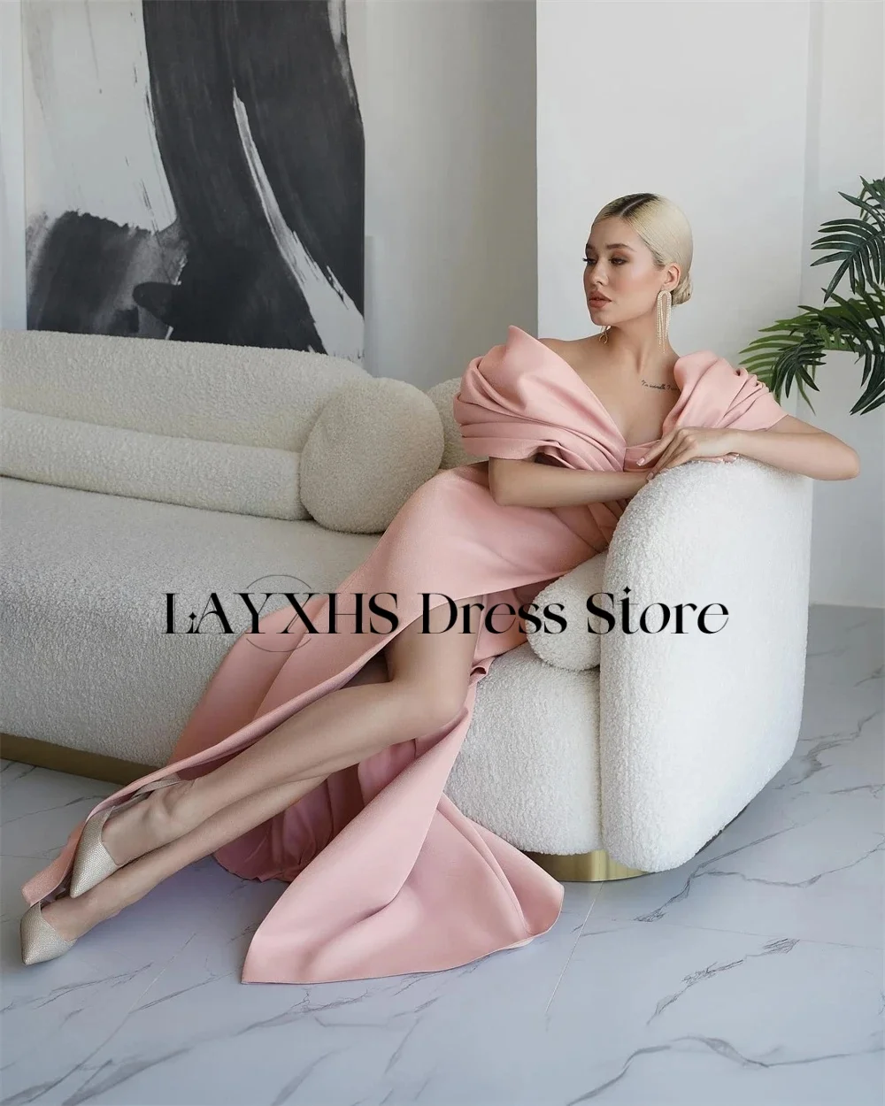 LAYXHS Elegante Fora do Ombro Vestidos de Noite Mulheres Sereia Plissado Fenda Lateral Vestidos de Baile Personalizados فساتmavera