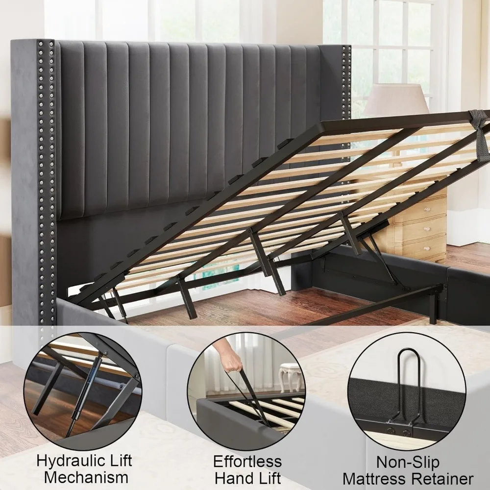 Bed Frame, Queen, Elevated Storage, Velvet Platform with Tufted Headboard, No Springs Required, Platform Bed Frame