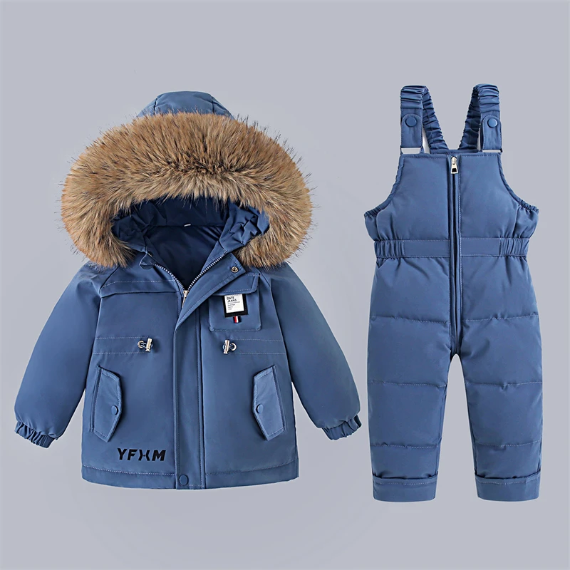 

2Pcs Set Children Winter Down Jacket and Jumpsuit Thicken Russia Baby Boy Girls Ski Suit Real Fur Collar Warm Kids Snowsuit 1-5Y