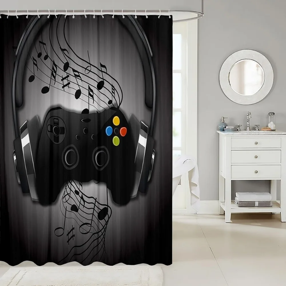 Boys Games Shower Curtain Black Grey Headphones Musical Notes Gamepad Kids Teens Gaming Room Retro Gamer Decor with Hooks