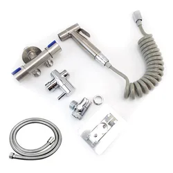 Stainless Steel bidet sprayer set kit for Toilet metal Hand Bathroom shower head Handheld no drill wall holder self cleaning