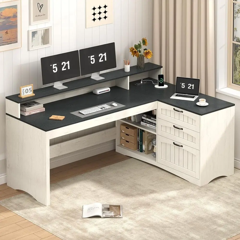 

Письменный стол L-образной формы, офисный стол 61 дюйма с ящиками и местом для хранения, компьютерный стол с розеткой, представительский стол с подставкой для монитора, Prin