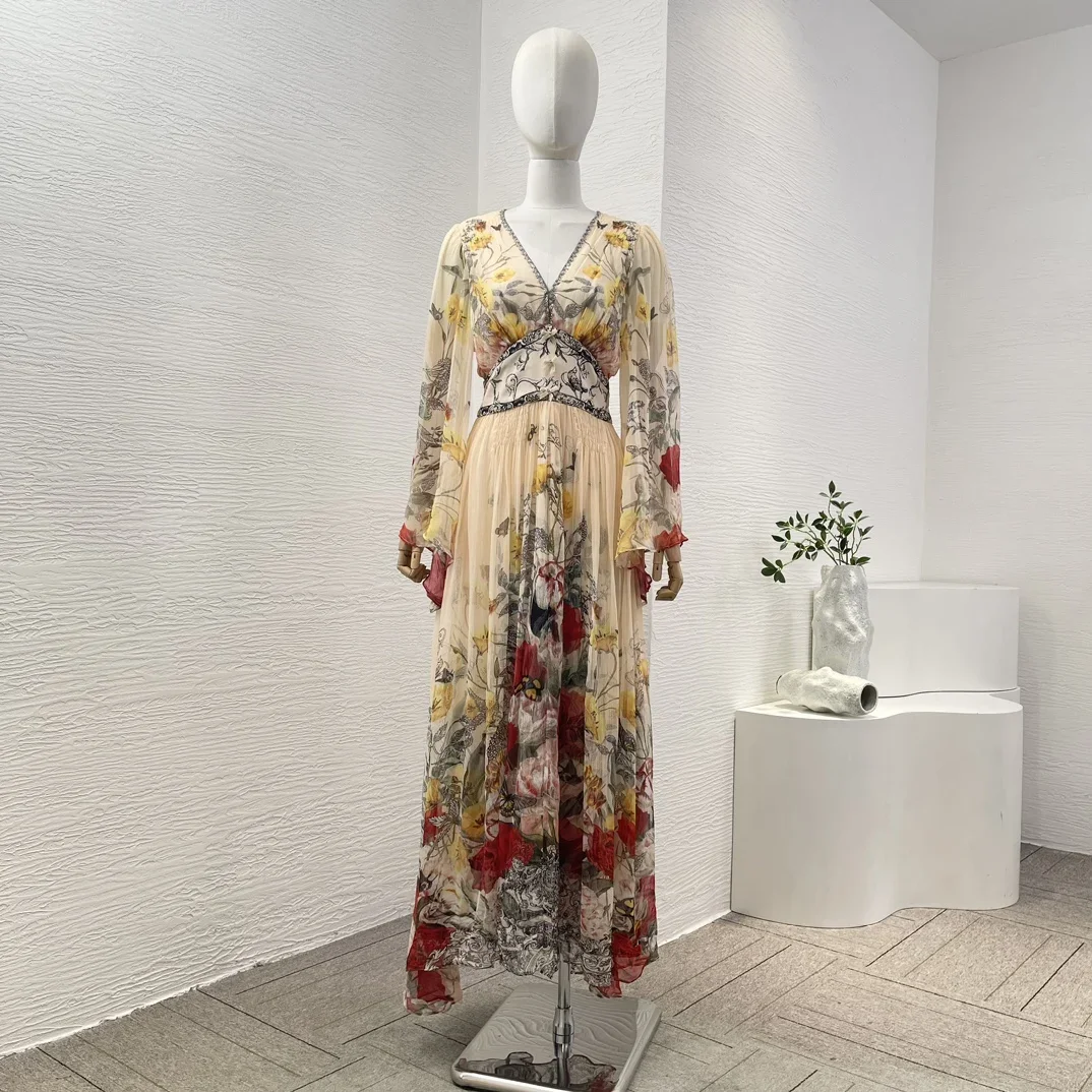 2024 Women's High Quality Beige Butterfly Flowers Print Diamonds Long Sleeve V Neck Midi Dress Stretchable Waist At Back