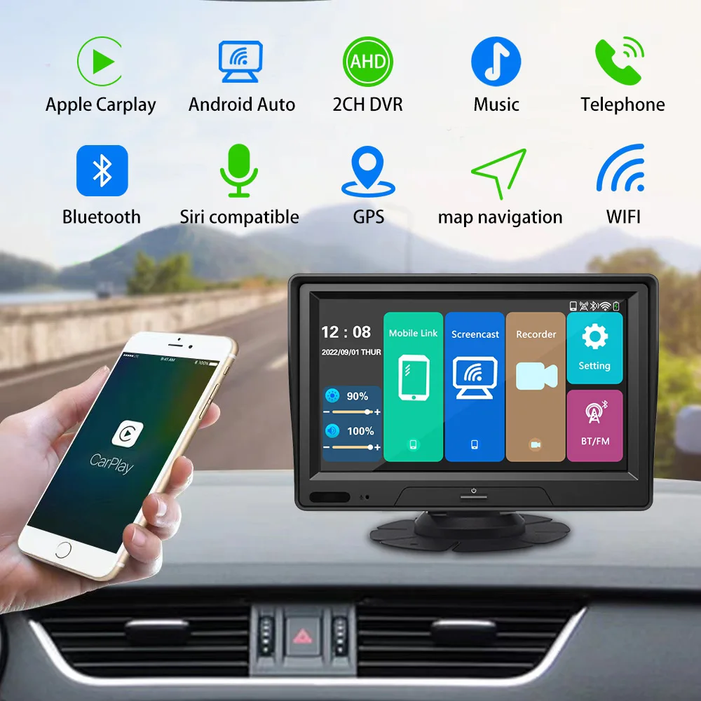 7 ''Wireless CarPlay GPS Navigation Monitor Android Auto Car Player 256G TF Card กันน้ํากล้องด้านหลังดู DVR