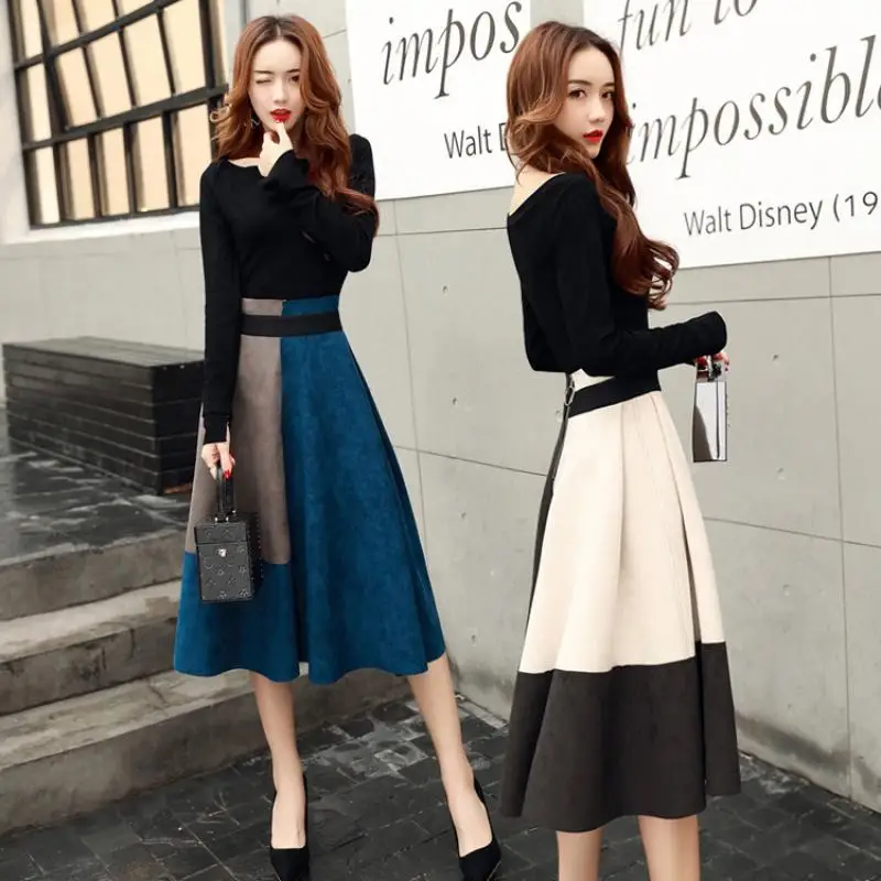 2024 Cekcya Women's Minimalist Style Autumn SKirt Sets 2 Pcs Elegant Ladies Black Shirt + Niche Design Midi Skirts Female Outfit