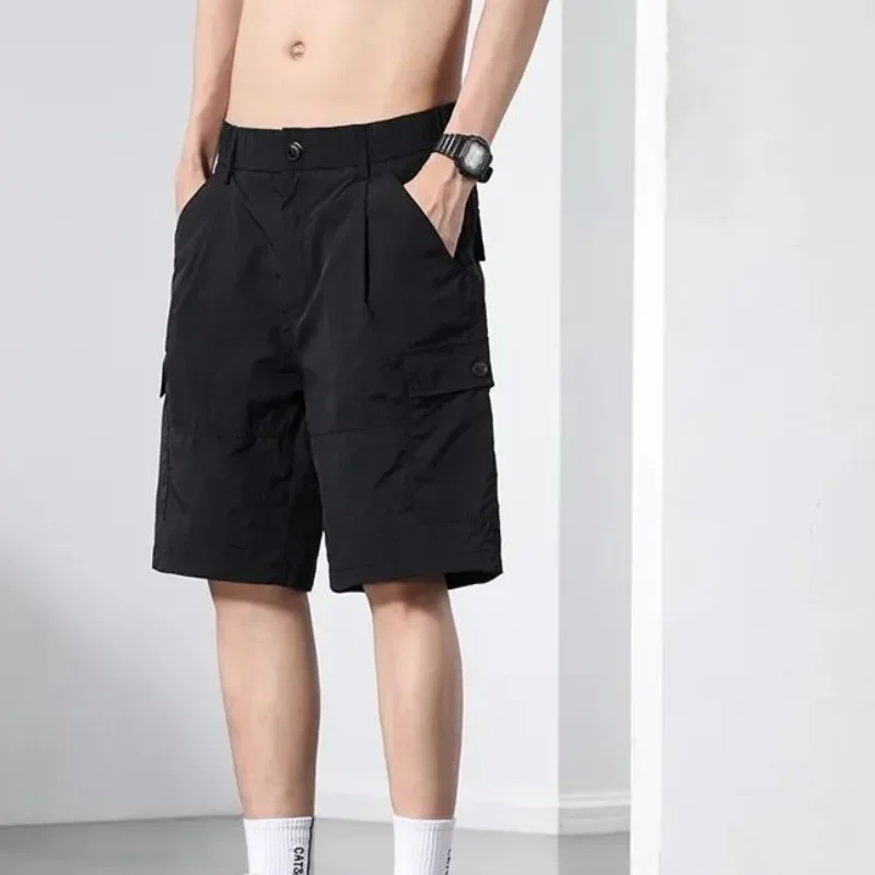

Мешковатые полусвободные однотонные короткие брюки с эластичной резинкой на талии для мужчин, длинные бермуды с карманами, широкие мужские шорты-карго, винтажные удобные