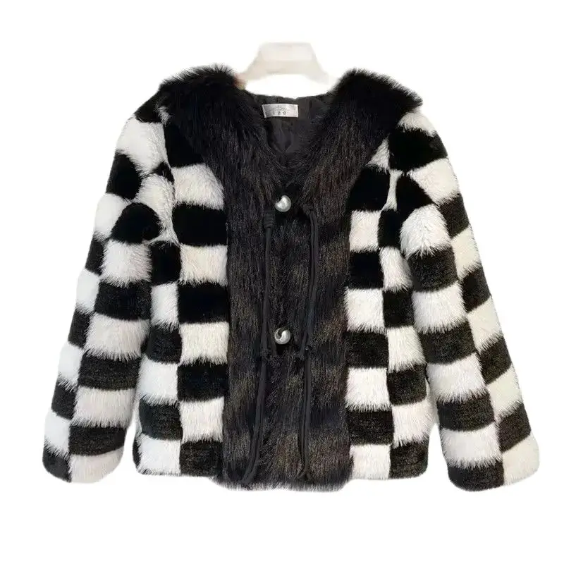 Faux Fox Fur Cardigan Tops para mulheres, lapela, fivela de pérolas, imitação, Coréia, outono, inverno